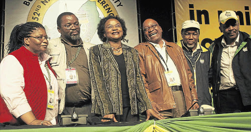 The top six elected at Polokwane in 2007 were, from left, Thandi Modise, Gwede Mantashe, Baleka Mbete, Jacob Zuma , Kgalema Motlanthe and Mathews Phosa. File photo.