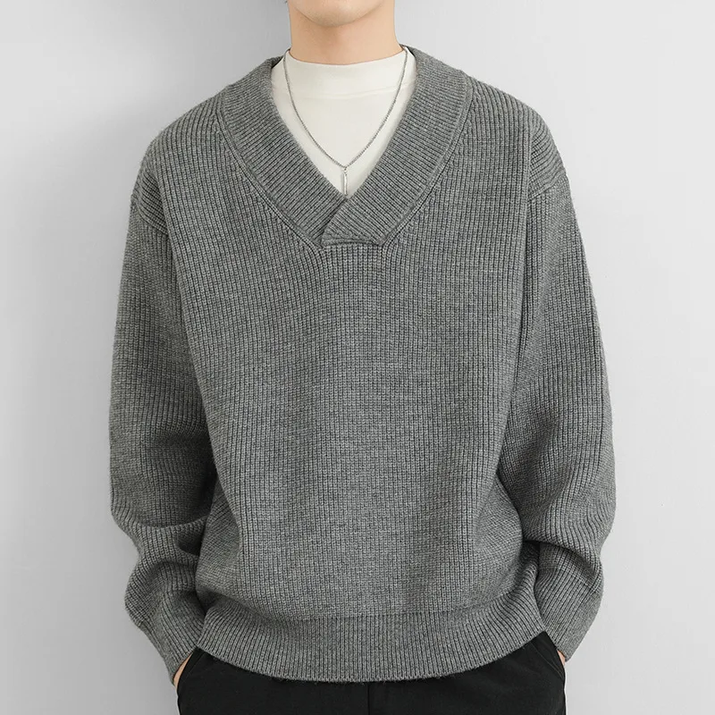 Nieuwe heren V-hals gebreide trui van grof garen in effen kleur, comfortabel en ideaal voor casual outfits.