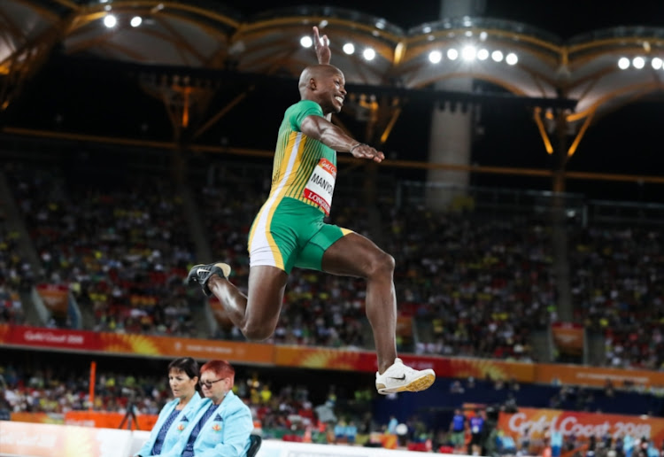 Luvo Manyonga of South Africa in the mens long jump final during the athletics evening session on day 7 of the Gold Coast 2018 Commonwealth Games at the Carrara Stadium on April 11, 2018 in Gold Coast, Australia.