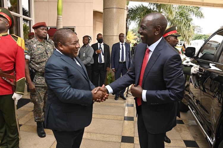 President William Ruto is welcomed by his host President Filipe Nyusi of Mozambique on arrival in Maputo on a two-day state visit on Thursday, August 10, 2023.