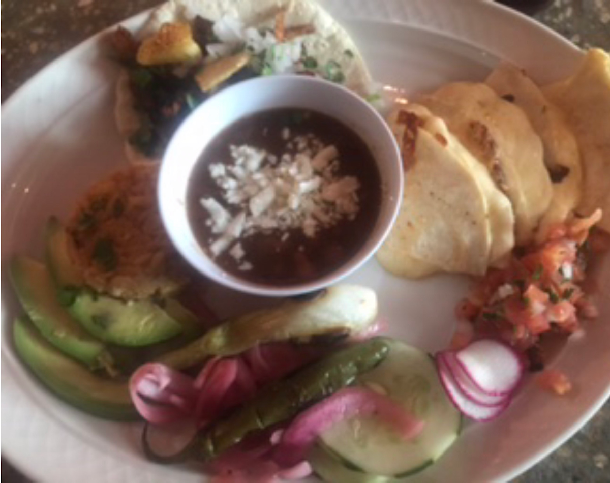 Cheese quesadilla, Taco Al Pastor, Rice and Beans. Delicious!