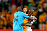 Denis Onyango,Hlompho Kekana of Mamelodi Sundowns and Leonardo Castro of Kaizer Chiefs during the Absa Premiership match between Kaizer Chiefs and Mamelodi Sundowns at FNB Stadium on January 27, 2018 in Johannesburg, South Africa. 