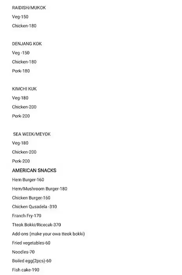 Hankook Sarang menu 