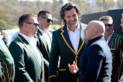 John Smit, Victor Matfield and James Dalton during the Funeral service of former rugby player James Small at The Deck at the Wanderers Club on July 18, 2019 in Johannesburg, South Africa. 