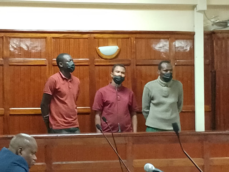 Farah Osman Issack, Abdiakin Ismail Abdullahi and Godfrey Otieno Omwonyo alias Kasim before Milimani Chief Magistrate's Court on March 25, 2024/SHARON MWENDE
