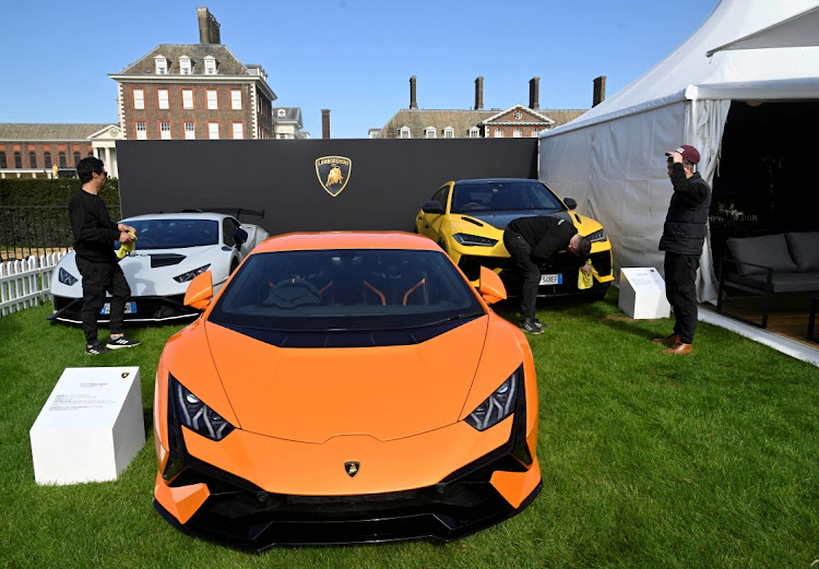 Lamborghini cars on display at the Salon Prive, a three-day car event that showcases both new and classic luxury and sports vehicles, at the Royal Chelsea Hospital in London, Britain, on April 20 2023. Picture: REUTERS/TOBY MELVILLE