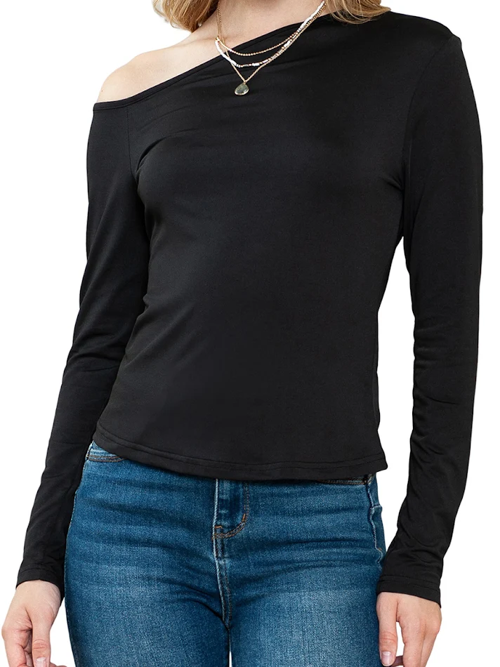 Top de manga larga para mujer, ajuste entallado, color sólido, simple y versátil, ideal para cualquier ocasión, un básico esencial.