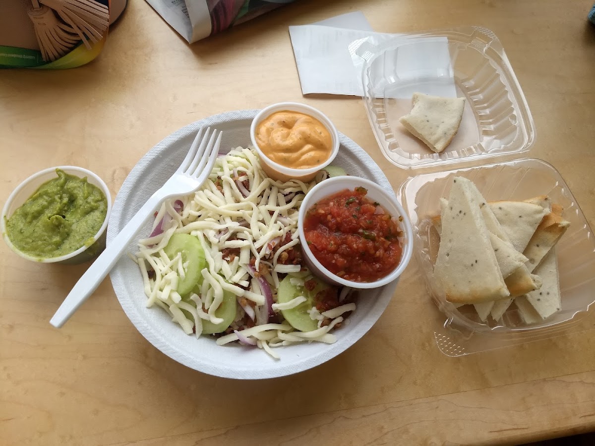 Hummus w/ pita and a bowl with rice, chicken, cheese, bacon, onion, cucumber, and garlic aioli.