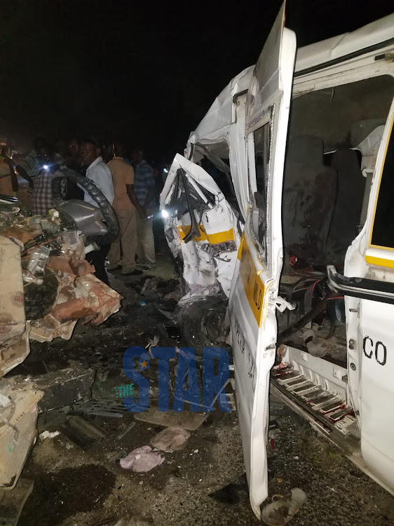 Wreckage of an accident involving two public service vehicles at Roka Mwembeni stage on the Malindi-Mombasa highway.