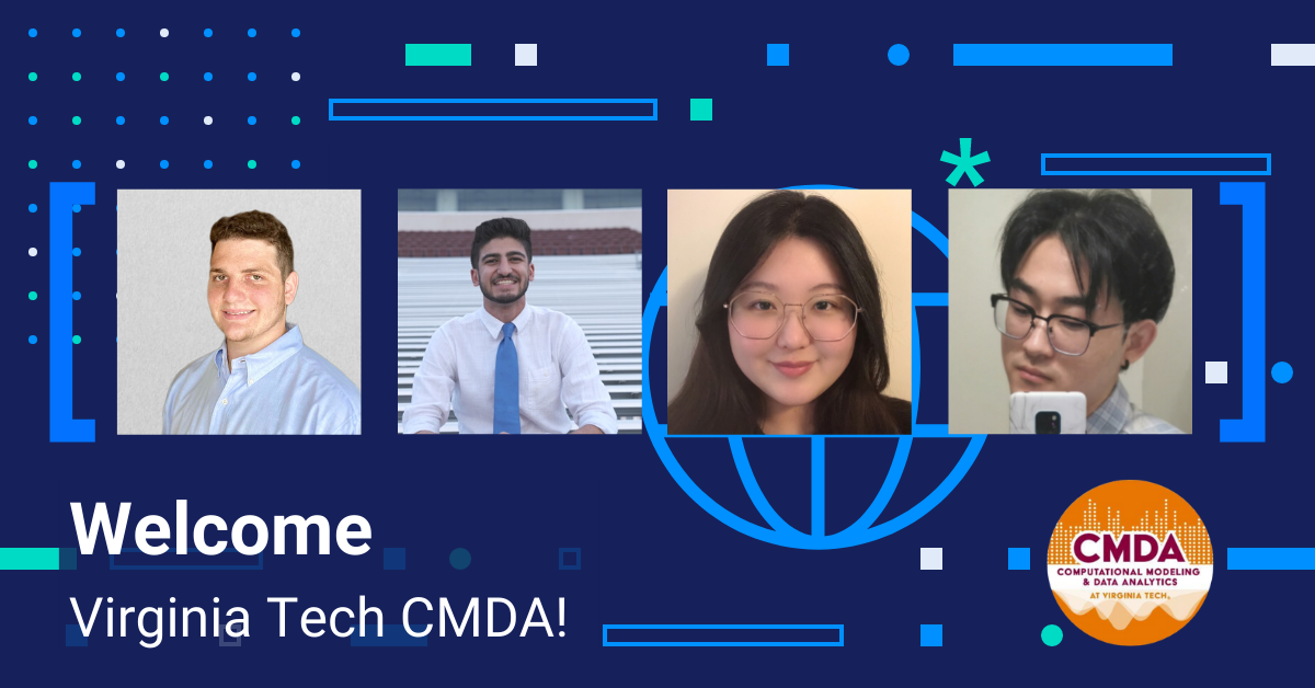 Image of four individuals from Virginia Tech CMDA program being welcomed by Ozmo. 