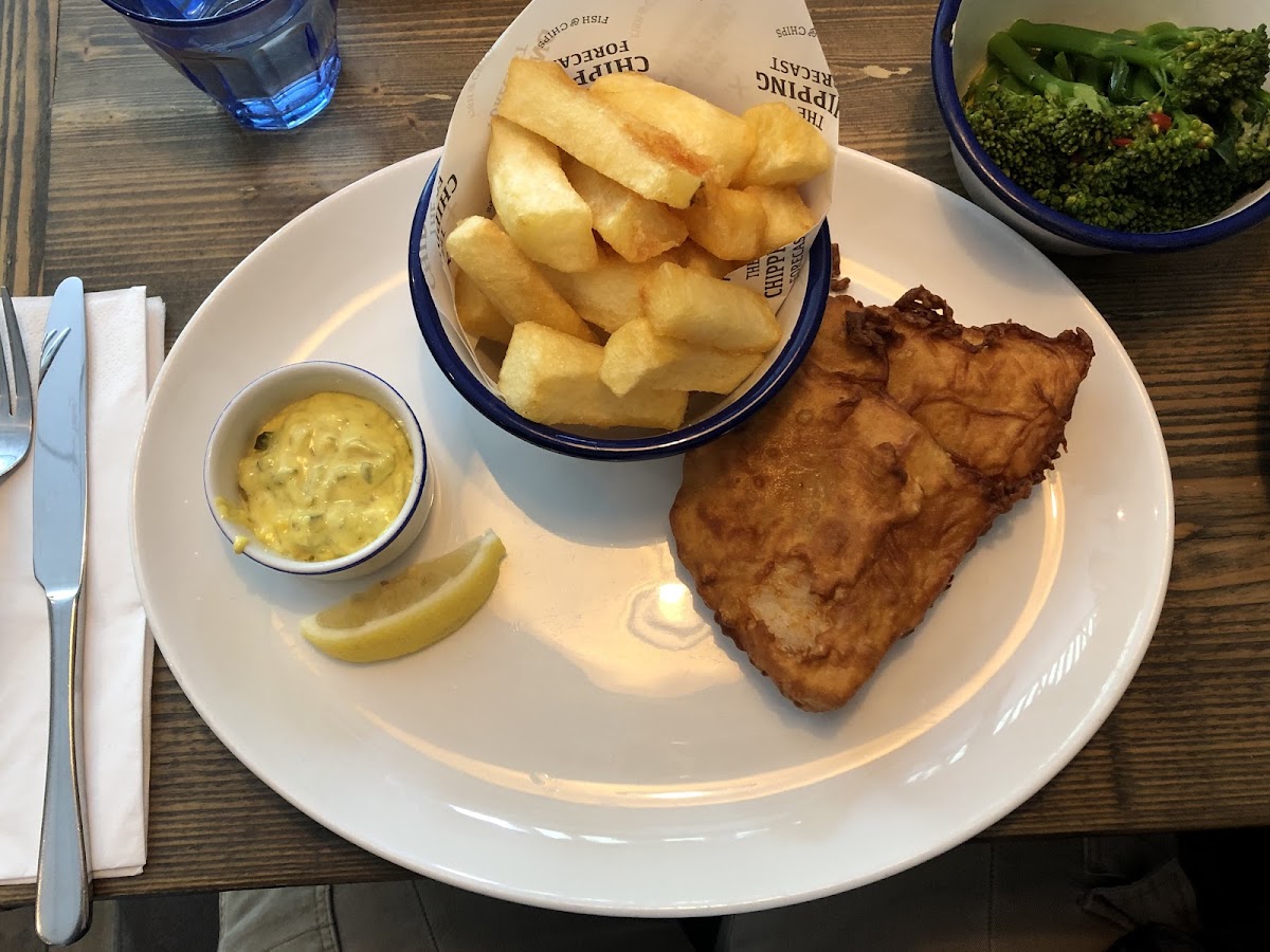 GF cod and chips with broccoli instead of peas!