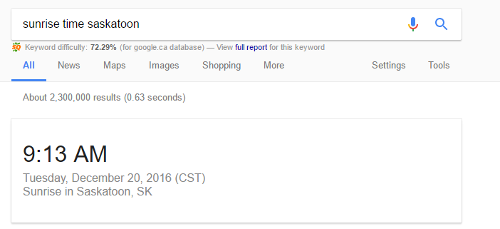 Screenshot of search result for “sunrise time Saskatoon”