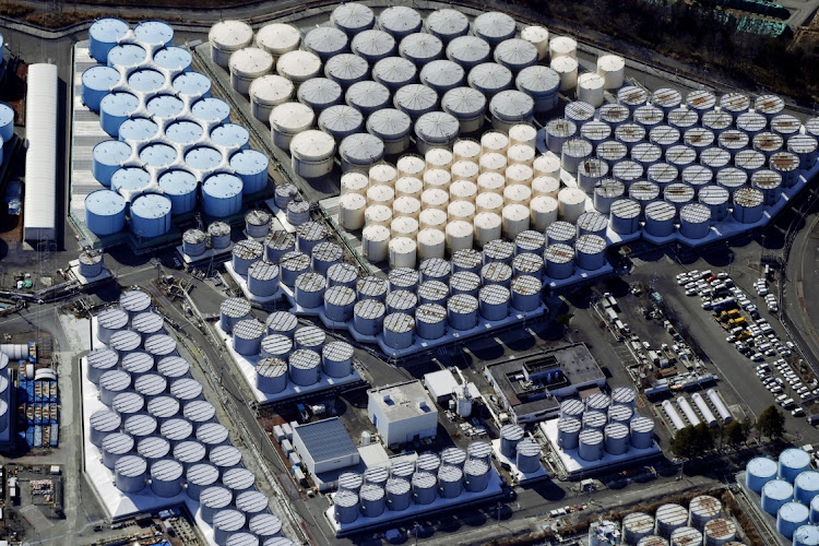 An aerial view shows the storage tanks for treated water at the tsunami-crippled Fukushima Daiichi nuclear power plant in Okuma town, Fukushima prefecture, Japan.