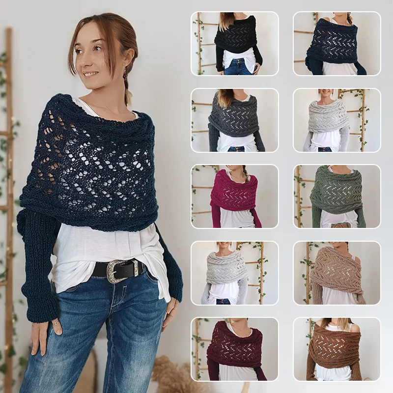 Châle tricoté chaud pour femmes, ajouré, Double manches, col châle, mode naturelle pour la maison et la fête, automne et hiver