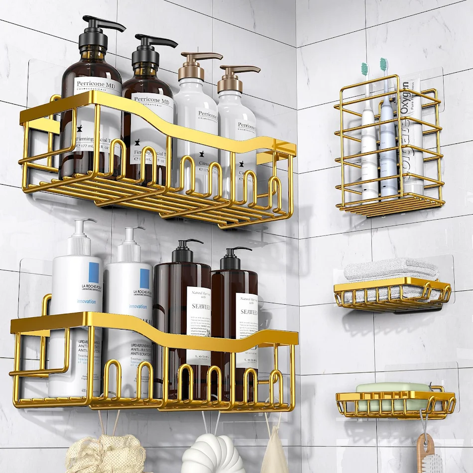 Set di cinque pezzi di scaffalatura per bagno in acciaio inox, resistente alla ruggine, per un bagno ordinato e funzionale.