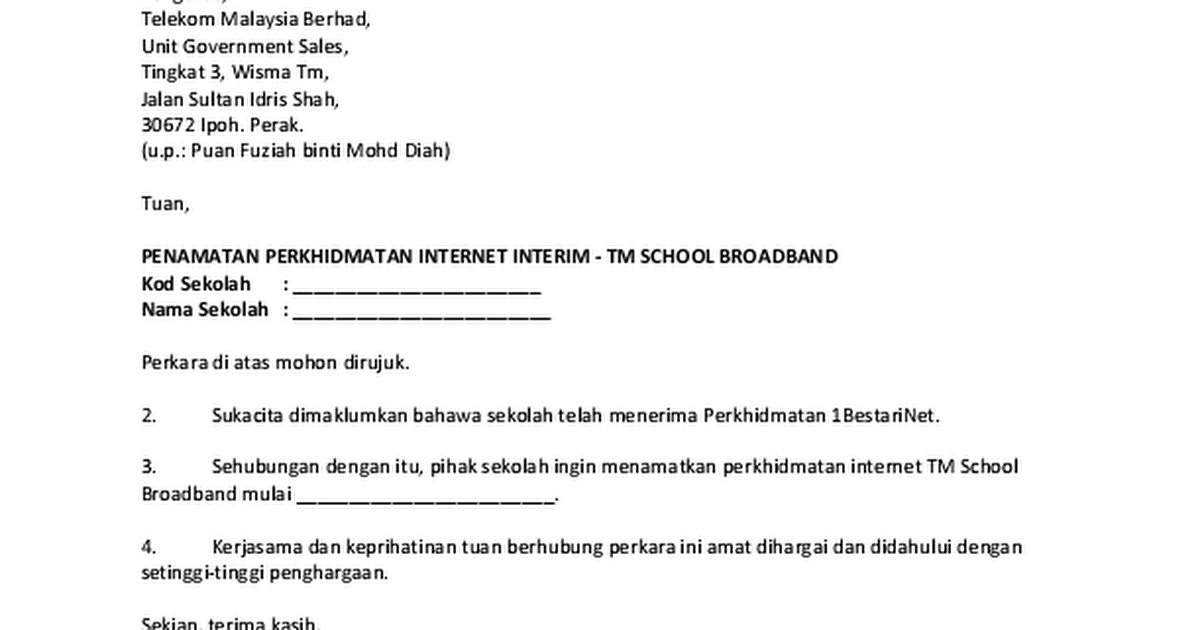 Contoh Surat Penamatan Perkhidmatan Internet