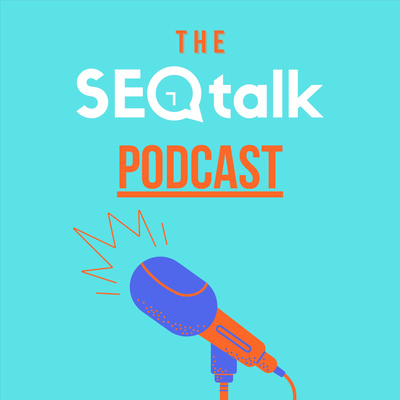 Drawing of a mic. Overlay text "The SEO talk podcast"