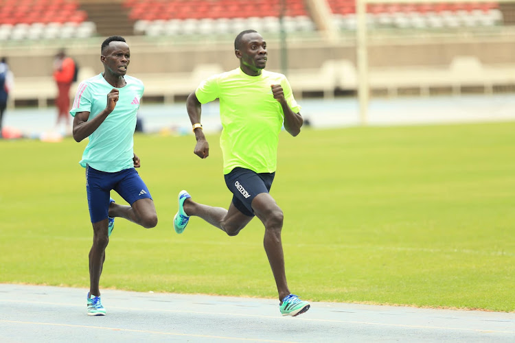 Steeplechaser Abraham Kibiwott and 800m specialist Emmanuel Wanyonyi during atraining session at Moi Stadium, Kasarani