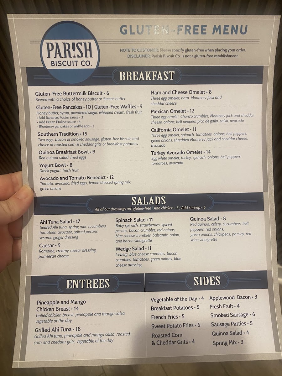 Parish Biscuit Company gluten-free menu