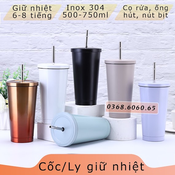 Ly Giữ Nhiệt - Inox 304 - Tặng Kèm Ống Hút - Giữ Nhiệt 6 Tiếng - 750Ml & 500Ml - Bình Giữ Nhiệt - Cốc Giữ Nhiệt