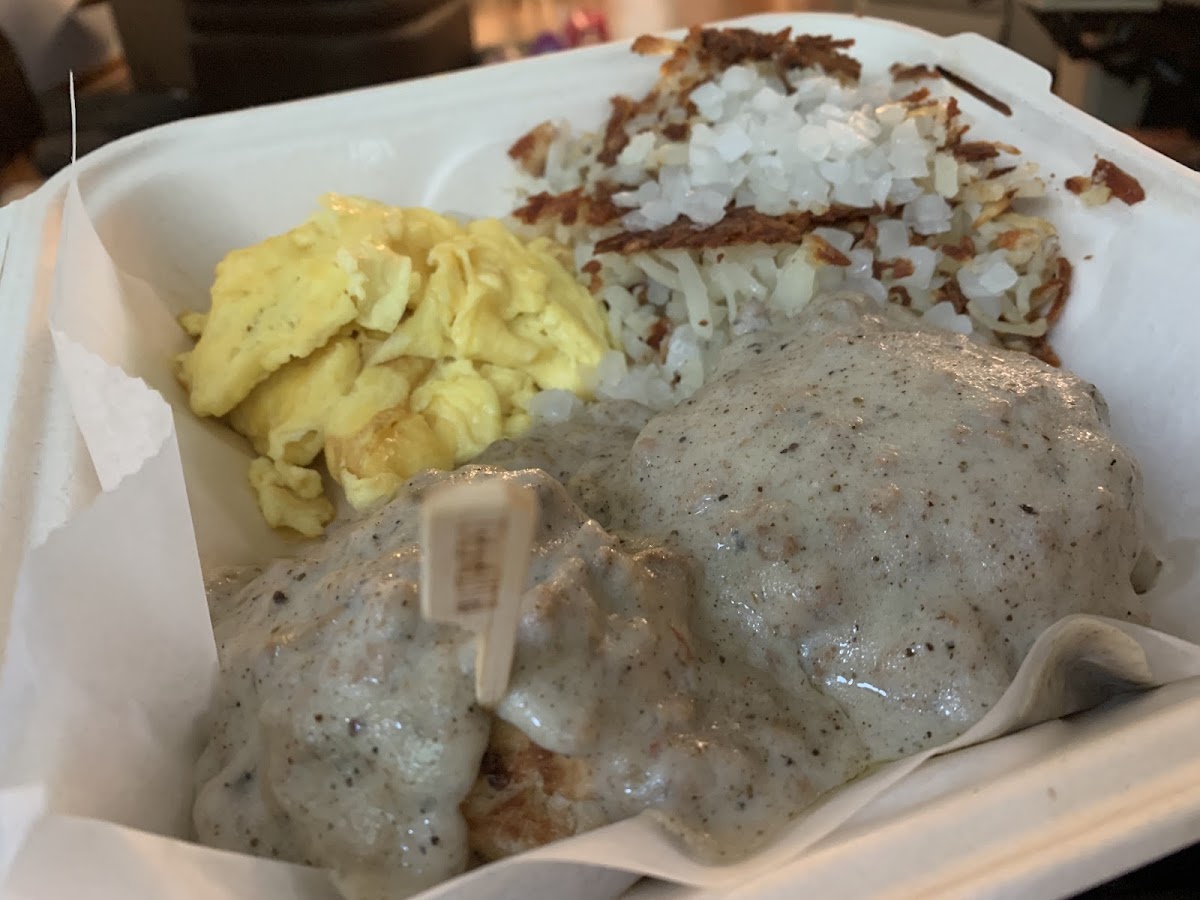 Gf biscuits and gravy with eggs and hashbrowns to go!