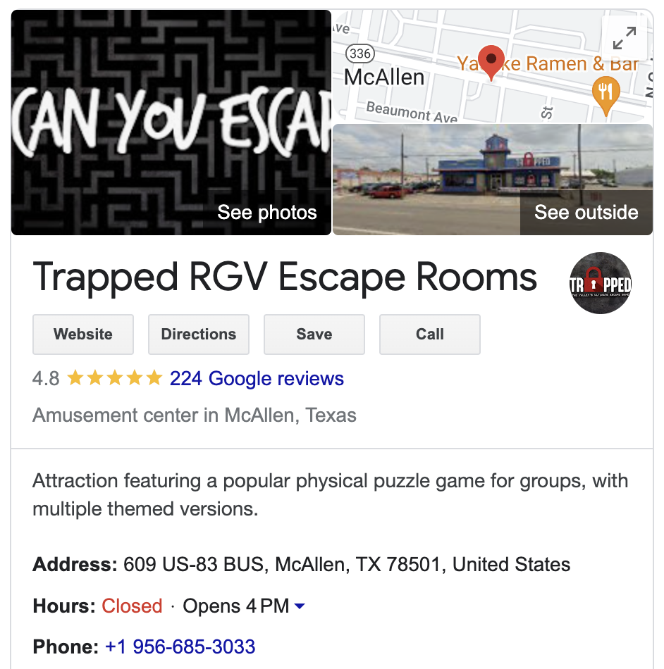 google my business escape room listing