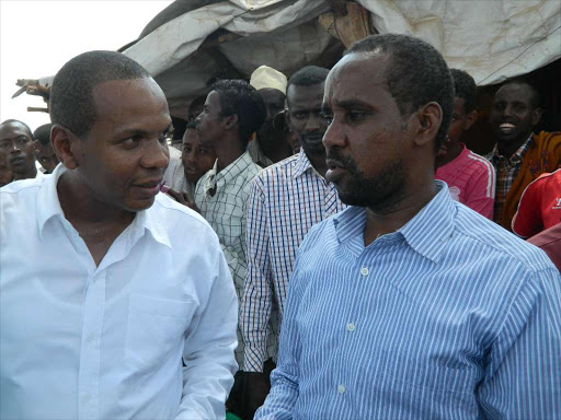 Former Garsen MP Danson Mungatana and Former Bura MP and Tana river speaker Nuh Nasir at Basahrgeisa