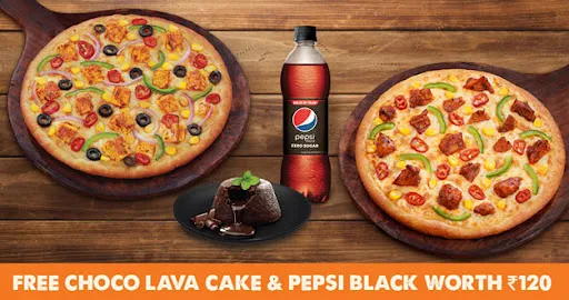 Any 2 Big 10" Pizzas [FREE Choco Lava Cake & Pepsi]