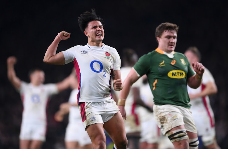 Marcus Smith of England celebrates beating SA at Twickenham Stadium on November 20, 2021 in London