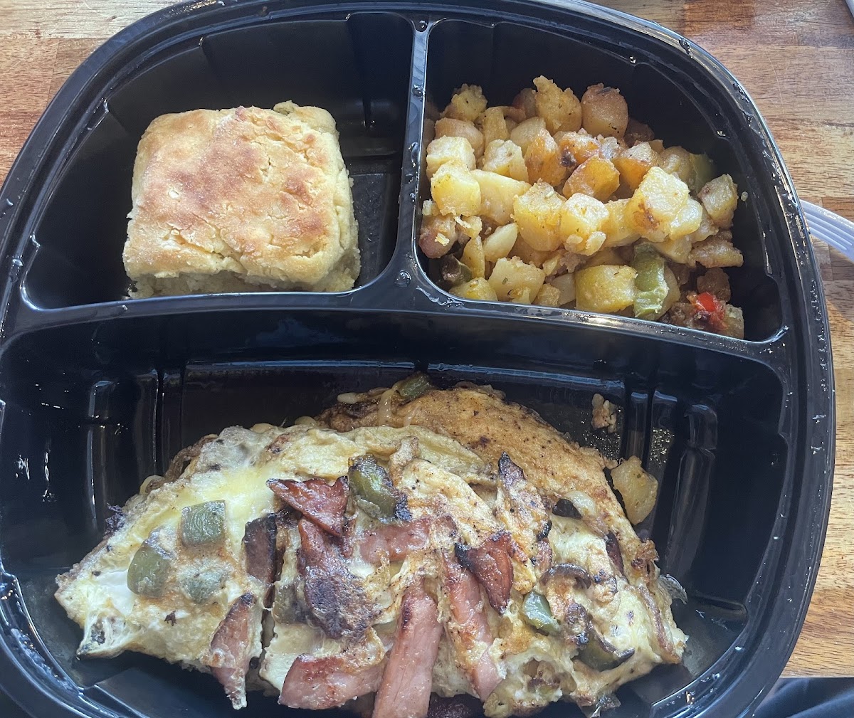 Omelet, GF Biscuit, Home Fries