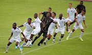 Supersport United players defend a set-piece against Royal AM in the DStv Premiership match at Lucas Moripe Stadium in Pretoria on February 27 2022.