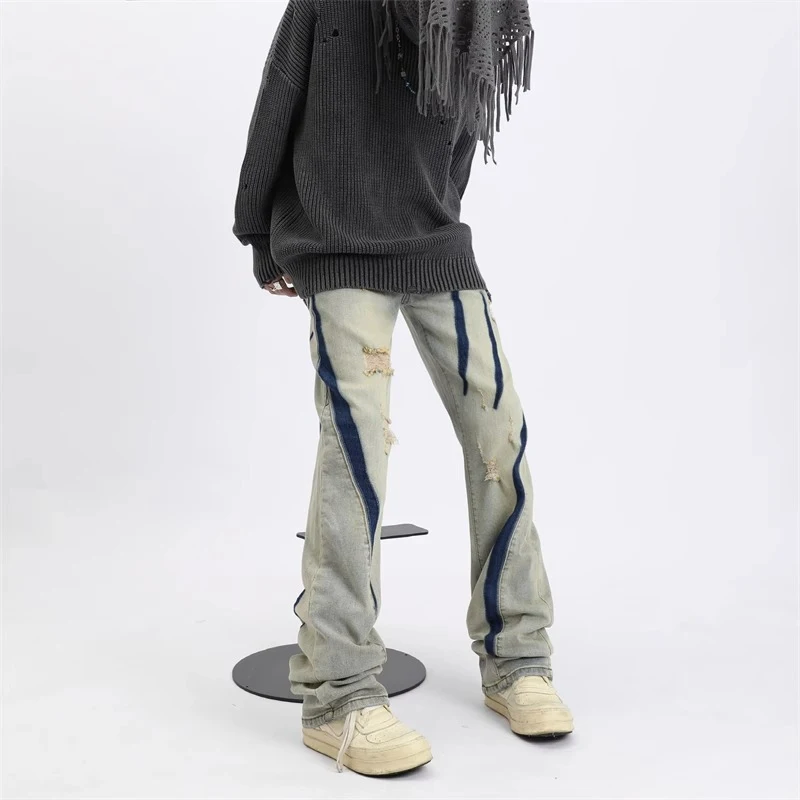 Heren Jeans met Contrast Kleur Spray Print, Ripped Effect, Losse Rechte Broek, Comfortabele Casual Look voor een Trendy Uitstraling