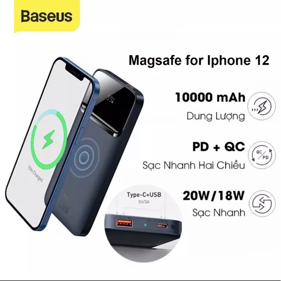 Pin Dự Phòng Sạc Không Dây Tích Hợp Nam Châm Pd 20W Baseus Magnetic Wireless Quick Charging Power Bank(10000Mah, Pd 20W)