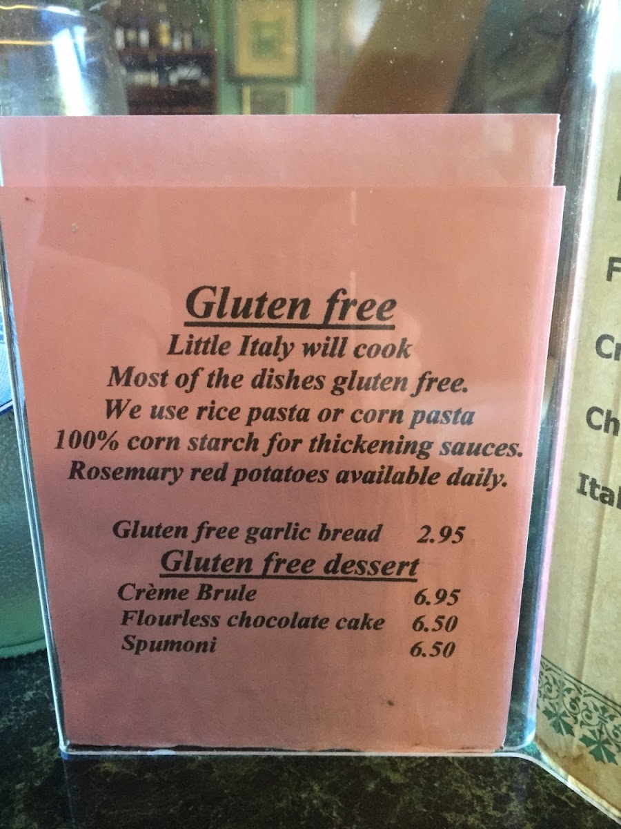 Little Italy Restaurant gluten-free menu