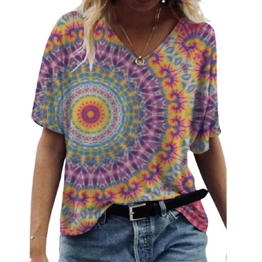 Title 5, Floral Print Pullover V-neck Short Sleeve T-shi...
