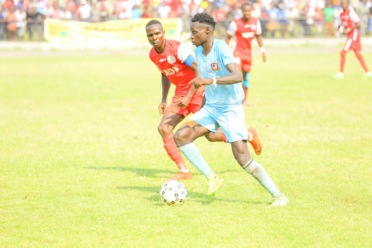 Shabana midfielder Justine Omwando in action against Ulinzi Stars at Raila Odinga Stadium in Homa Bay