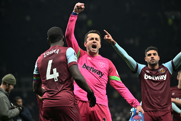 Lukasz Fabianski of West Ham United celebrates during the Premier League match against Tottenham Hotspur at Tottenham Hotspur Stadium on December 7 2023 in London.