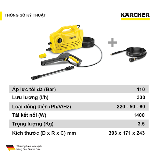 Máy xịt rửa xe 1400W Karcher K2 CLASSIC 9M PLUS, máy rửa xe cao áp 110 Bar kèm dây xịt 9m và phụ kiện Karcher