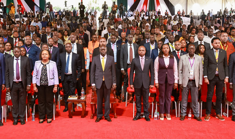 Deputy President Rigathi Gachagua with several Leaders during the closing ceremony of the Devolution conference in Uasin Gishu County on August 18, 2023