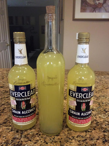 New Year, new batch of Limoncello! January 3,2016.
I saved my Everclear bottles to pour my Limoncello into, plus one recycled clear wine bottle. The recipe fills (3) 750 ml bottles, plus 4 oz left over.