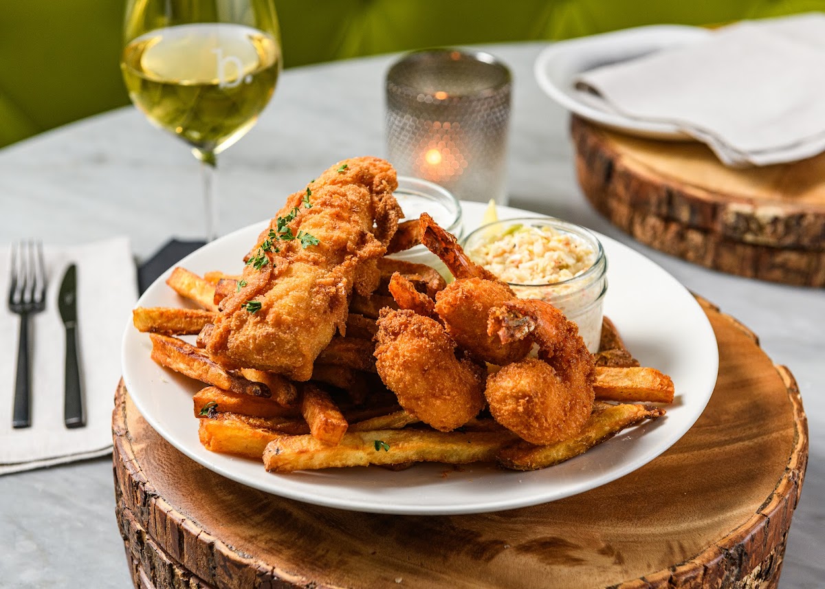 fish and shrimp | 
tender & crunchy, cracker-meal dusted haddock & shrimp |
crispy, hand-cut fries | classic, sweet, chopped coleslaw |
traditional tartar
