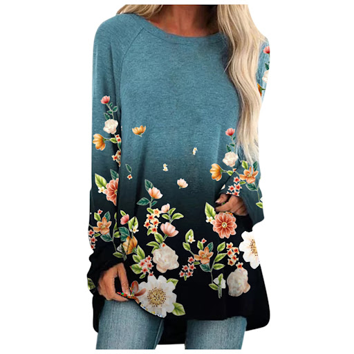 Title 6, Flower Print Loose Round Neck Long Sleeve T-shirt