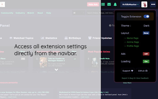 Access extension settings directly from the navbar. 