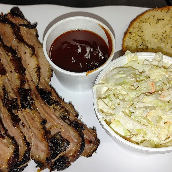 Slow Smoked Beef Brisket with side of Coleslaw and gluten-free Garlic Bread (Udi's bun)