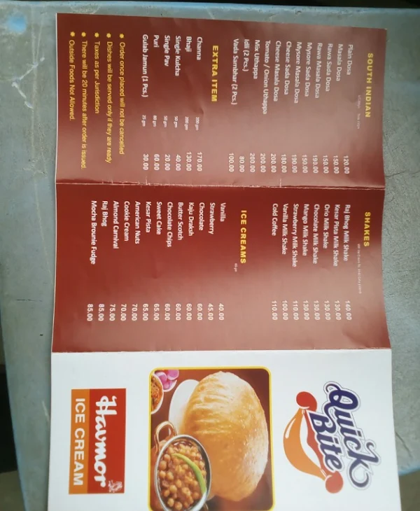 Quick Bite menu 