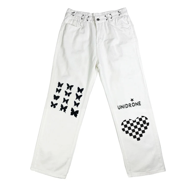Pantalon droit taille haute imprimé Heart Checkerboard Jeans, confortable et stylé, parfait pour un look décontracté et tendance au quotidien.