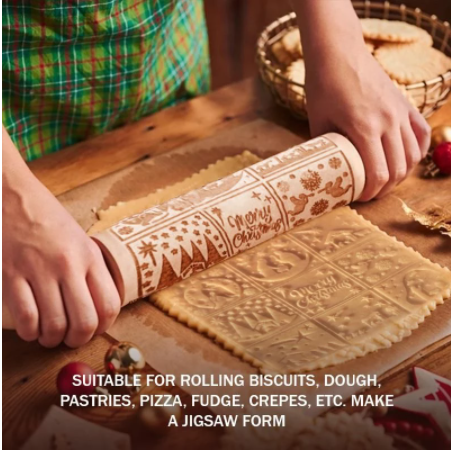 Rouleau à pâtisserie en bois imprimé avec la Nativité du Christ, pour des biscuits et pâtisseries de Noël, motifs originaux et festifs.