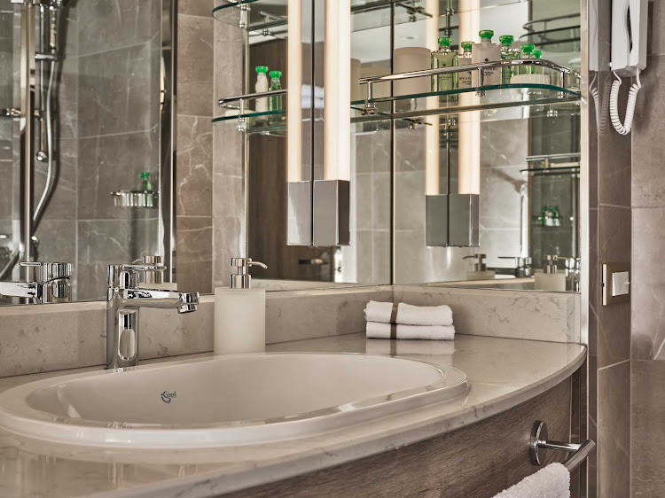 Refined details of the bathroom in the Veranda Suite on Silver Moon. 