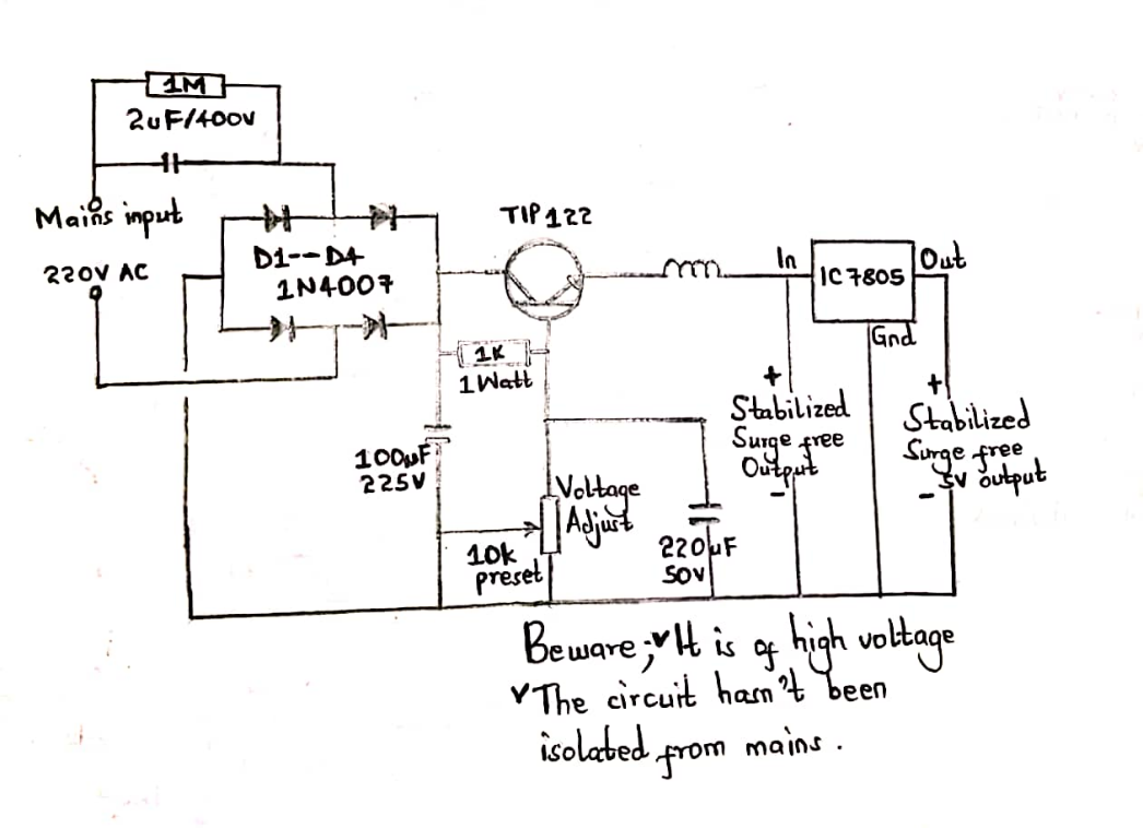 The circuit on upgrading to voltage stabilized transformerless power supply. 