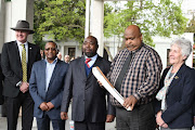 Adam McCarthy, Austrailian High Commissioner, Gideon Sa, of sascoc, Thembelani Nxesi, Sports Minister, Tubby Reddy of Sascoc, Louise Martin of Commonealth Games Federation during the Gold Coast 2018 Commonwealth Queen's Baton Relay on May 15, 2017 in Johannesburg, South Africa. 